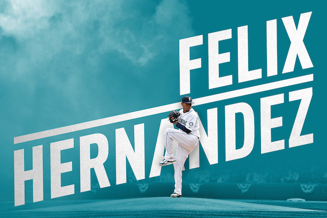 Image of Felix Hernandez pitching over an illustration of his name